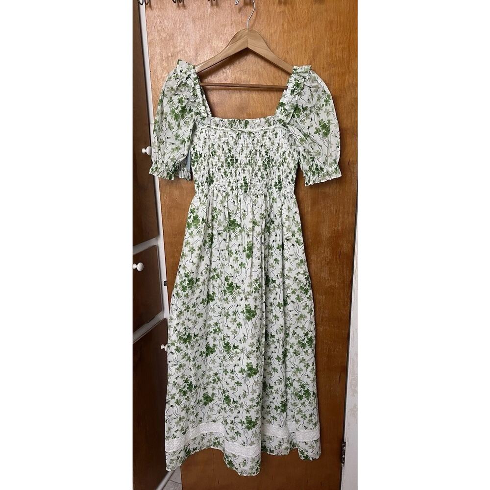 Hill House Home The Scarlett Nap Dress Green Sweet Pea Lace Bow Sz M Puff Sleeve - Picture 6 of 6